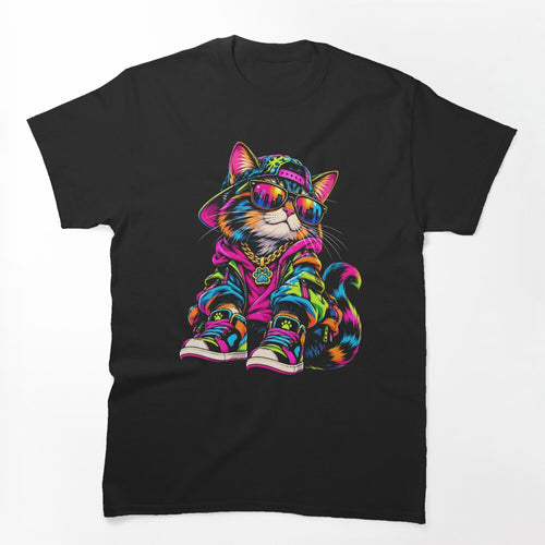 Neon Hip Hop Cat With Sunglasses Retro Streetwear Shirt