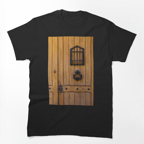 Rustic Wooden Door With Black Iron Knocker And Small Window Grate Shirt