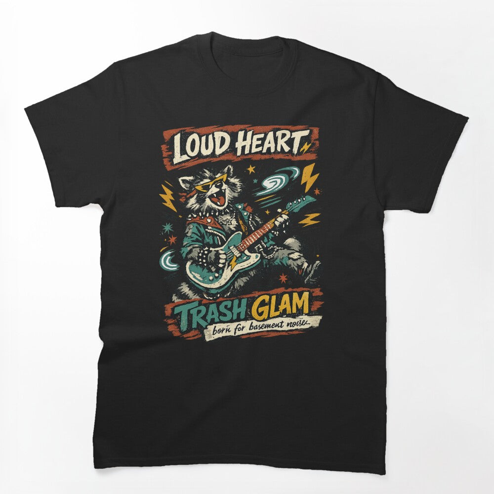 Loud Heart Trash Glam Punk Rock Raccoon Guitar Retro Music Design Shirt