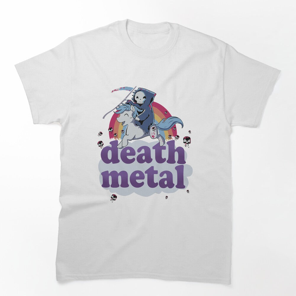 'Death Metal' - The Grim Reaper Riding A Unicorn In Front Of A Shirt